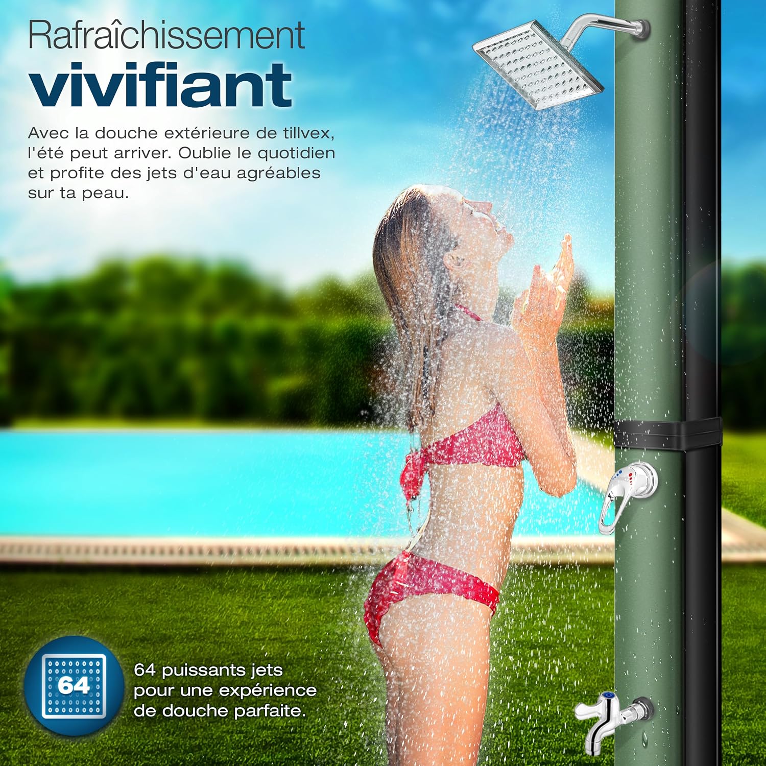tillvex Douche Solaire avec Capot de Protection | Douche de Jardin Eau Chaude | Douche de Piscine Camping | sans raccordement électrique (Noir/Vert, 40 litres)