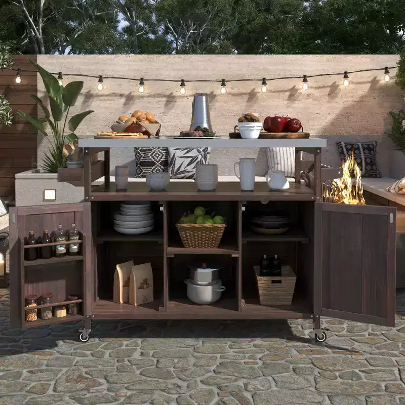 Okak Outdoor Kitchen Island with Stainless Steel Top, Wooden Kitchen Cart with Doors, Shelves and Spice Rack, Rolling Kitchen Island