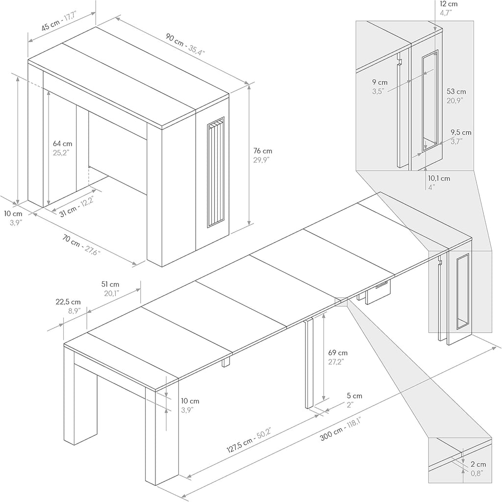 PAZZO DESIGN, Table Console Extensible avec Porte Rallonges Elvire, Chêne Rustique, Jusqu'à 12 Places, Table Console Cuisine, Made in Italy, De 45 à 300 cm - id_1931