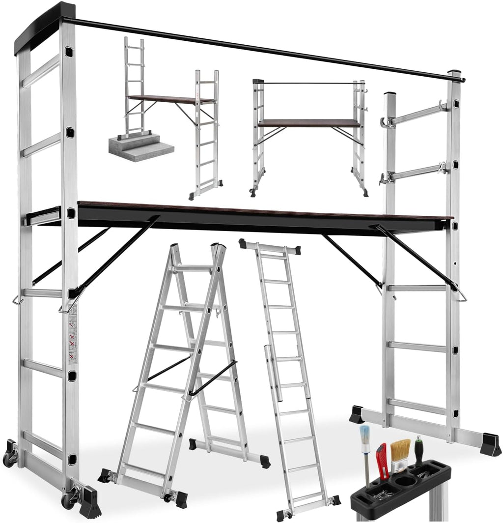 tectake® Échelle Multifonction 3 en 1 Échafaudage Roulant en Acier Plateforme de Travail Antidérapante Échelle Téléscopique Échelle Pliante Escabeau Pliant Bricolage Peinture Toiture