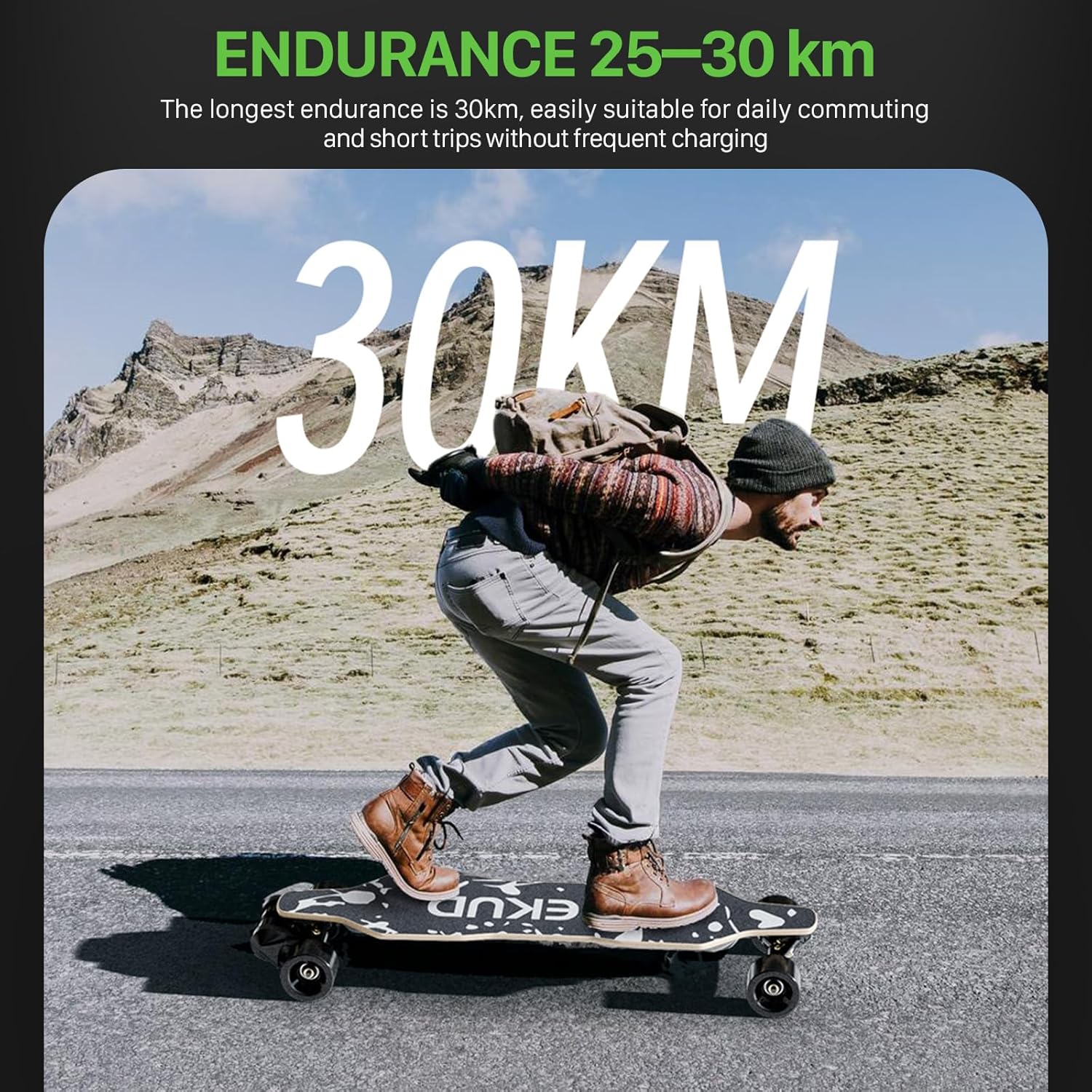 Qekud Skateboard électrique pour adultes et adolescents - Moteur 1800 W 4 modes de vitesse - Télécommande avec OLED avec écran - Noir