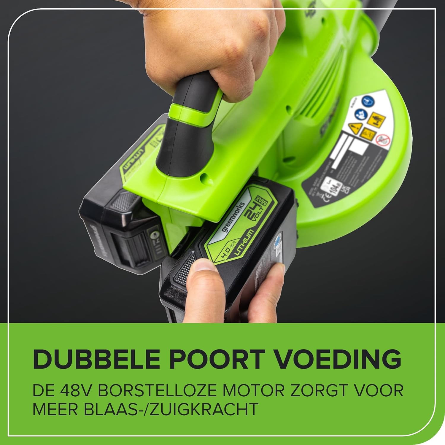 Greenworks 48V(24V x 2) Aspirateur Souffleur Sans fil de Feuilles à Batterie Bandoulière, Moteur Sans Balais, 386km/h, 14.73m³/min,Sac Mulching 45L, 2 Batteries 4Ah,Chargeur,Garantie 3 Ans BL48L421-01