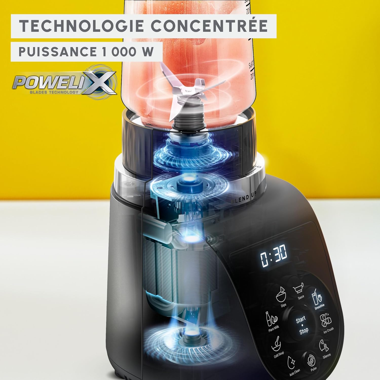 Moulinex Blend Up, Mini blender puissant, 1 000 W, 8 programmes automatiques, Glace pilée LM19H4F0, Gris Etain