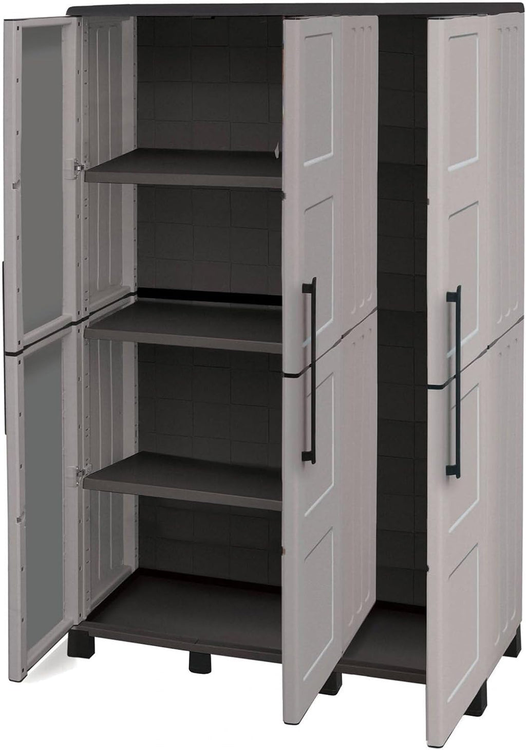 Dmora - Armoire d'extérieur Nandrin, Armoire à balais, Armoire d'extérieur 3 portes, 100% Made in Italy, 102x37h169 cm, Gris clair et noir, Finition damier