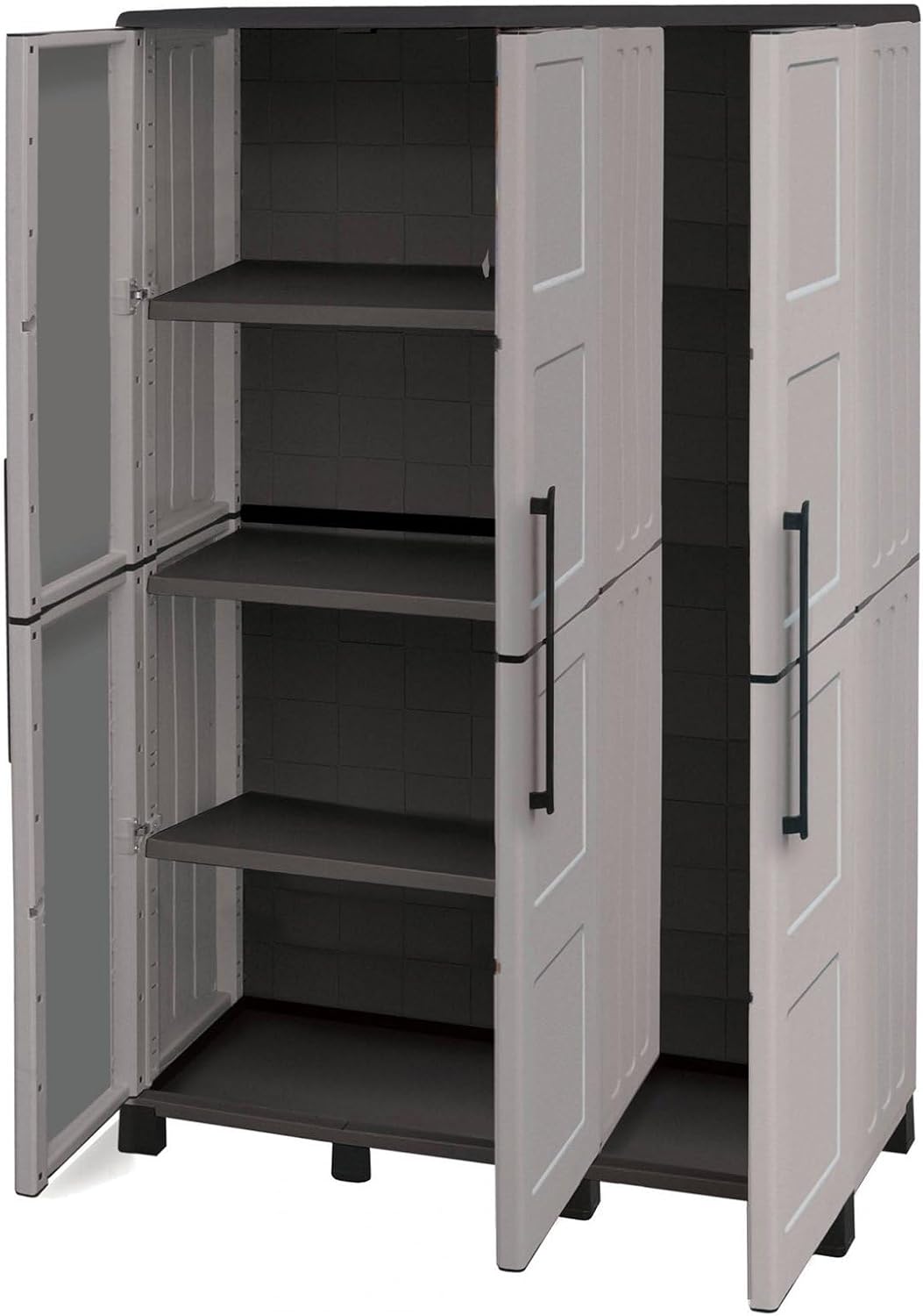 Dmora - Armoire d'extérieur Nandrin, Armoire à balais, Armoire d'extérieur 3 portes, 100% Made in Italy, 102x37h169 cm, Gris clair et noir, Finition damier