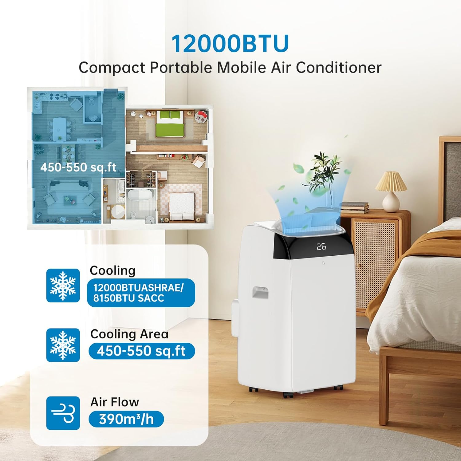Garvee Climatiseur Mobile 12000 BTU, 4 En 1 Avec Mode Nuit, Timer 24H - Refroidit Jusqu'à 50 M² - Pour Bureau, Chambre, Camping-Car - Énergie a, Silencieux