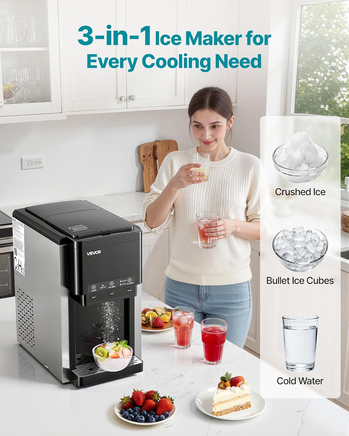 VEVOR Distributeur d'Eau 3-en-1 avec Machine à Glaçons et Broyeur à Glace, Fontaine à Eau à Poser, pour Fête Cuisine Maison Bureau, Production Rapide de Cube 16 kg/24 h et 12 PCs/7 min, avec Pelle