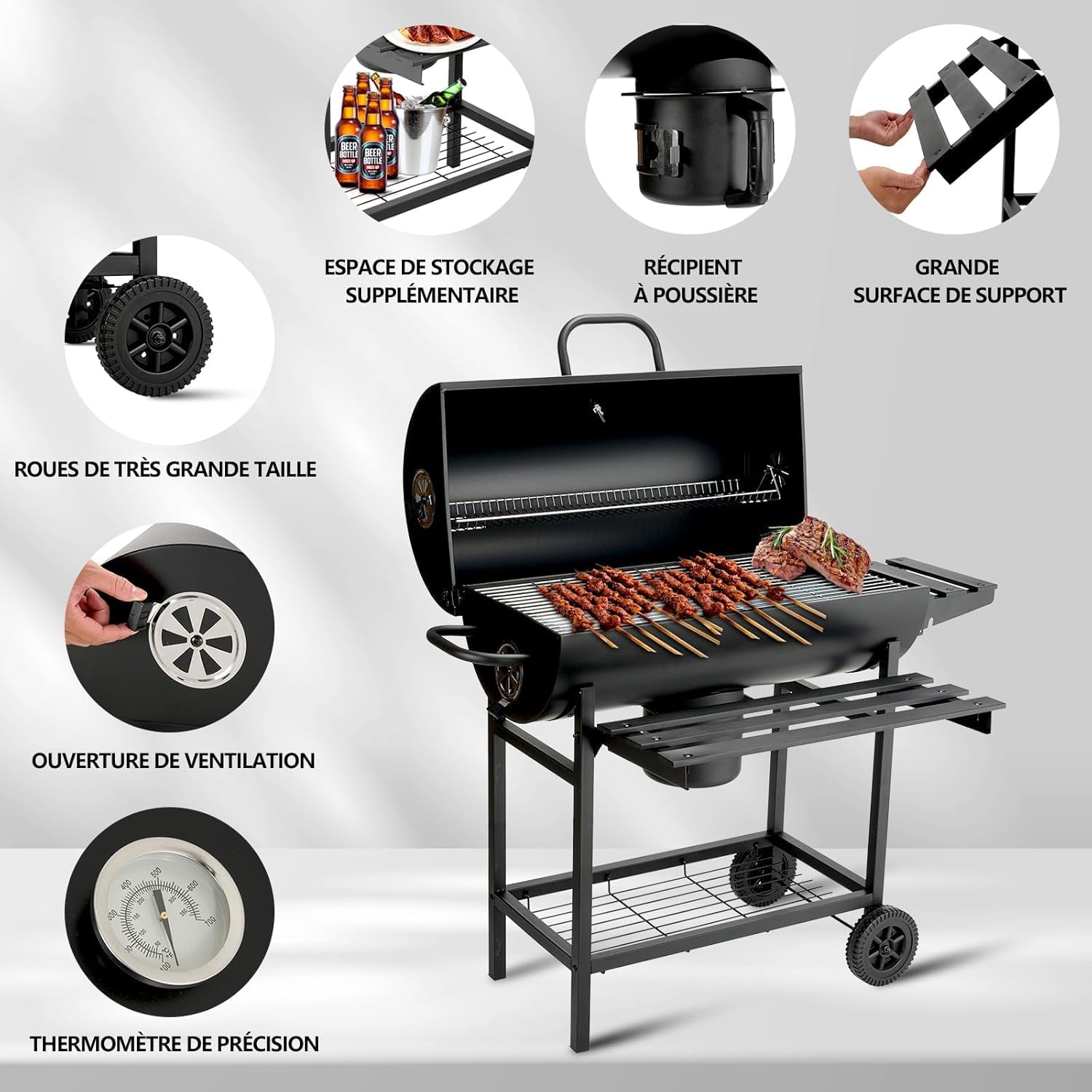 TEENO Barbecue Charbon de Bois,avec Grille de Cuisson XXL,Gants Anti-BrûLures, ThermomèTre,Tiroir à Cendres, éVent RéGlable,Grand Barbecue au Charbon de Bois (Basic)