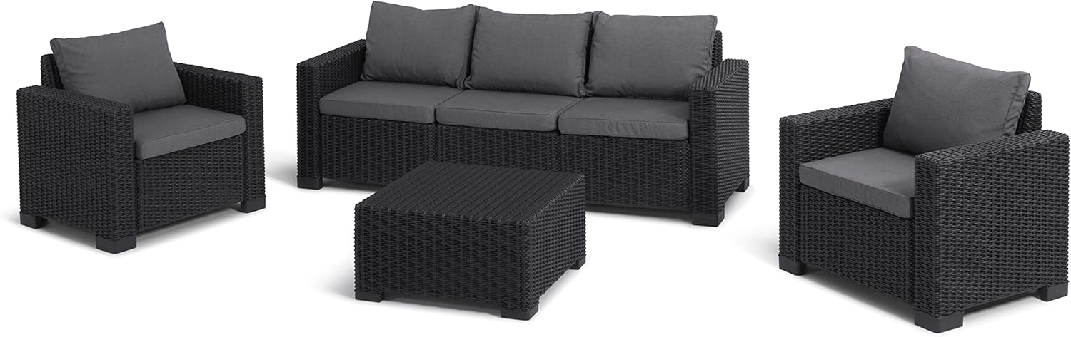 Allibert by Keter California Canapé de Jardin 3 Places avec Coussins d'assise et de Dossier, en Plastique, Aspect rotin, Rond, Graphite/Gris Froid, 199 x 68 x 72 cm
