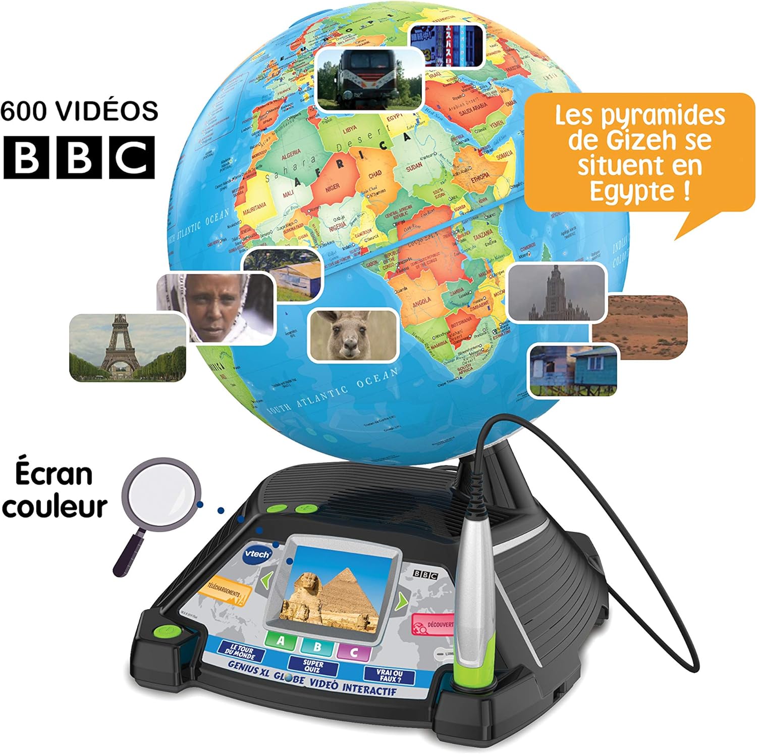 VTech - Genius XL Globe Vidéo Interactif, Globe Terrestre Enfant avec Écran Couleur, Stylet Tactile, 600 Vidéos de la BBC, Jouet Scientifique Éducatif, Cadeau Enfant Dès 7 Ans - Contenu en Français