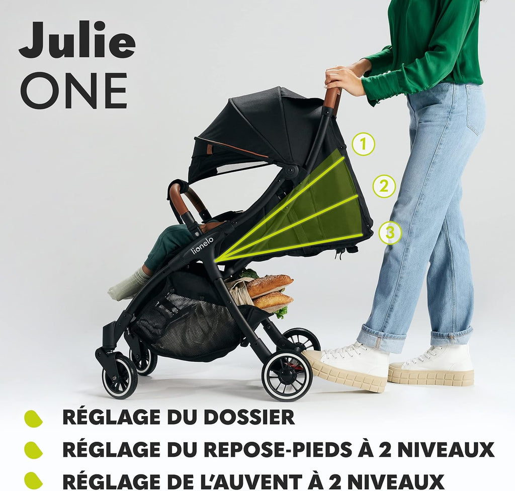 LIONELO Julie One Poussette canne legere Ultra compacte Pliable en un seul geste (0-22 kg), sac de transport, repose-pieds dossier, réglable jusqu'à, moustiquaire