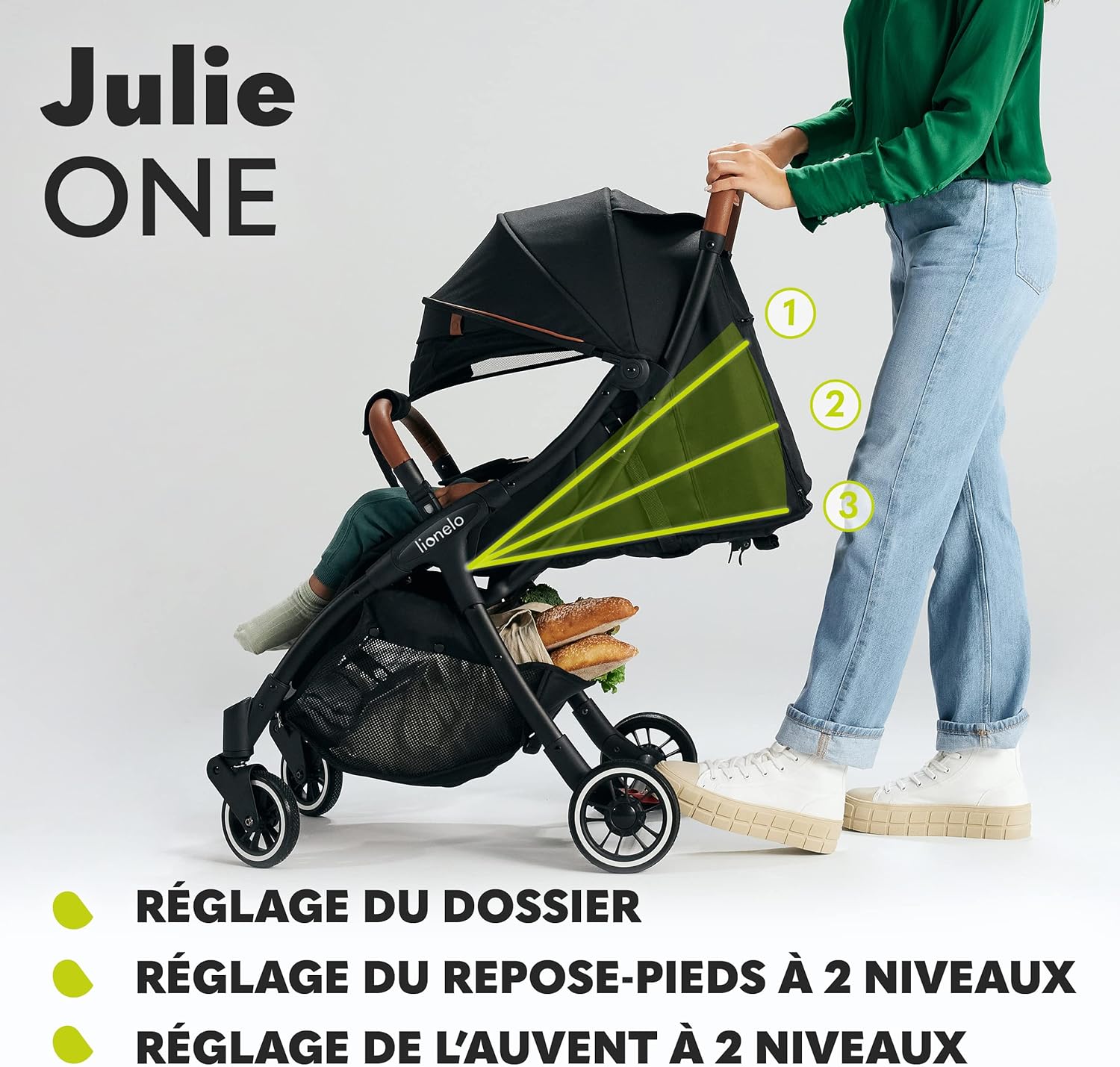 LIONELO Julie One Poussette canne legere Ultra compacte Pliable en un seul geste (0-22 kg), sac de transport, repose-pieds dossier, réglable jusqu'à, moustiquaire