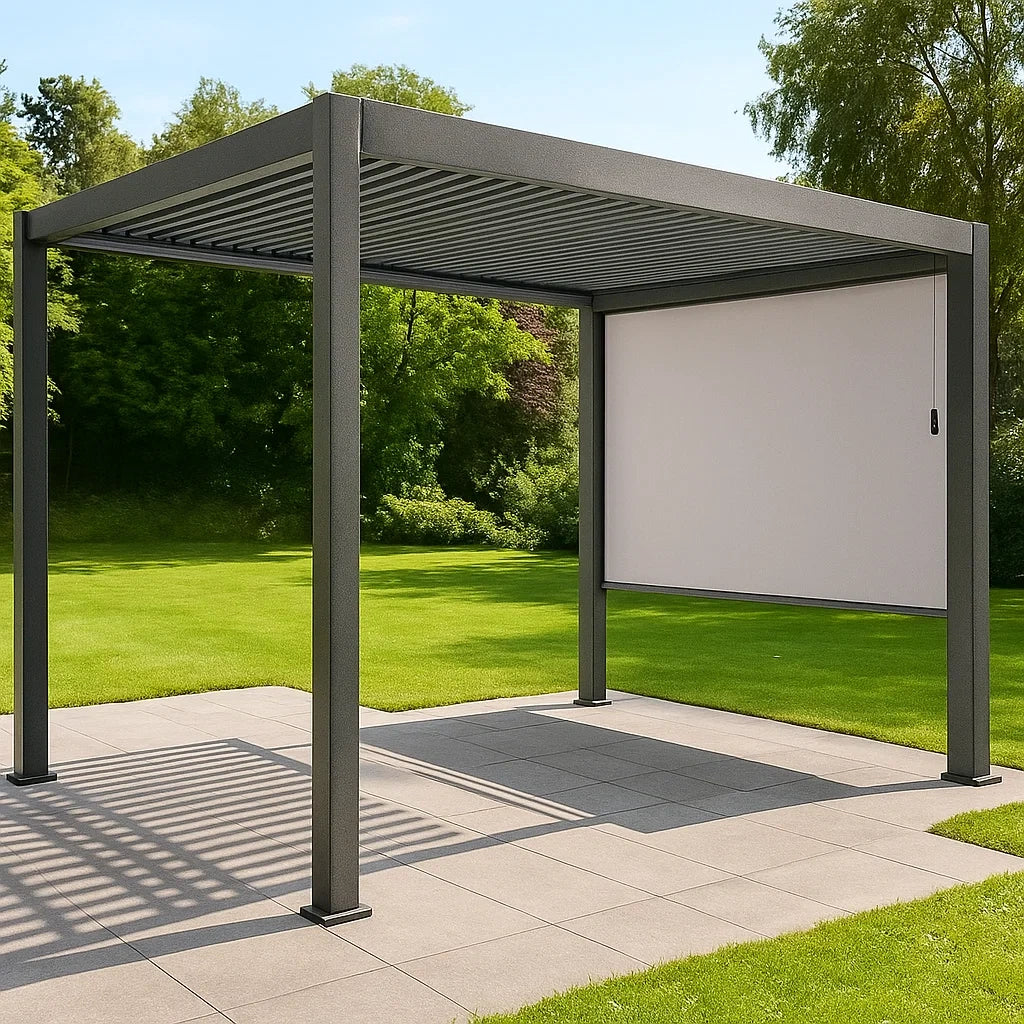 Pergola en Aluminium Gris avec Toit Réglable et Panneau Latéral 300x300 cm