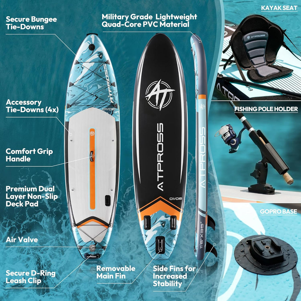 Planche à pagaie Gonflable Extra Large de 204,1 kg pour Adultes avec kit d'accessoires de qualité supérieure et Sac à Dos, Kayak Gonflable, antidérapant, pour Yoga, pêche, Surf