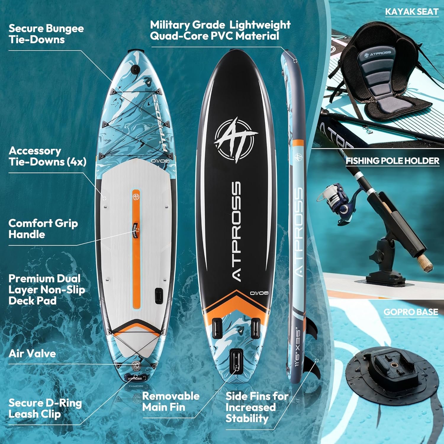 Planche à pagaie Gonflable Extra Large de 204,1 kg pour Adultes avec kit d'accessoires de qualité supérieure et Sac à Dos, Kayak Gonflable, antidérapant, pour Yoga, pêche, Surf