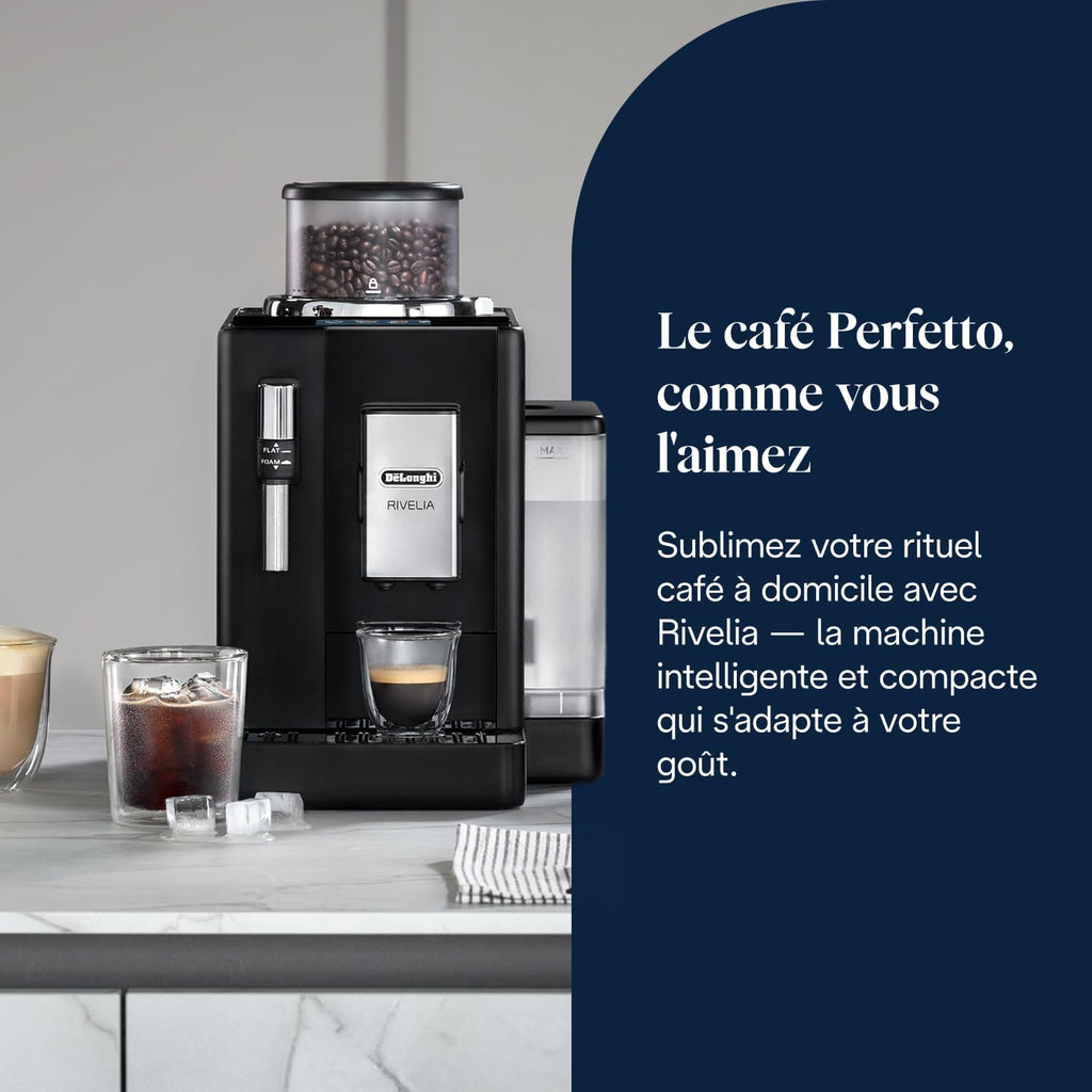 De’Longhi Rivelia - Perfetto Machine à Café Automatique, Mousseur à Lait Classique, 8 Boissons Enregistrées, Écran Tactile Couleur, Réservoir à Grains de Café Interchangeables, Noir (EXAM440.35.B)