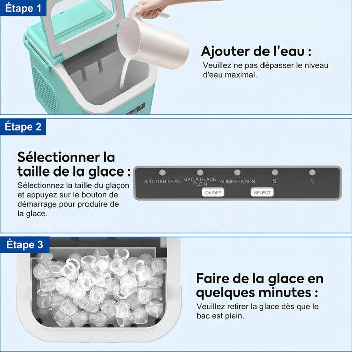 Machine à glaçons verte 12kg/24h, réservoir 1.4L, 9 glaçons en 6min, silencieuse, autonettoyante, 2 tailles de glaçons, avec poignée