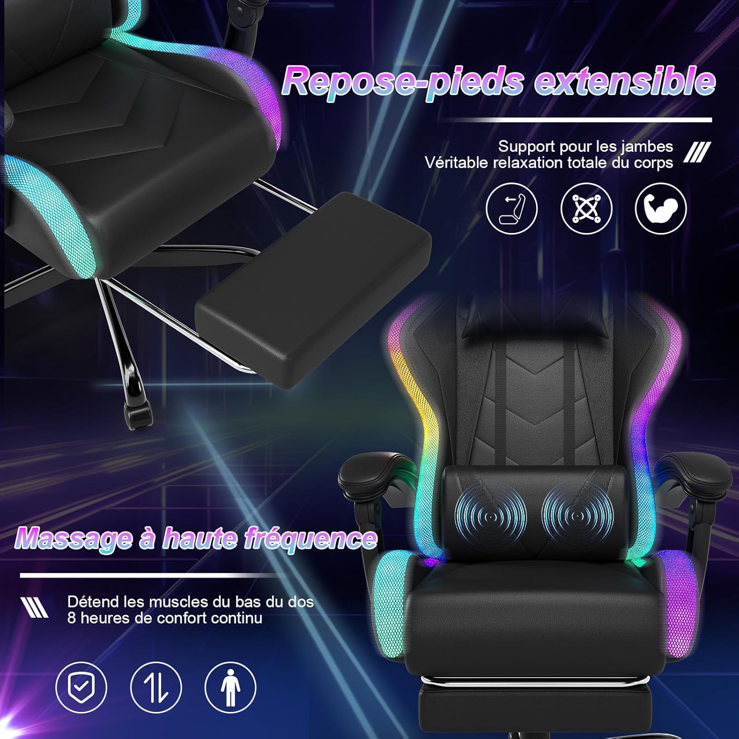 Devoko Chaise Gaming Ergonomique avec LED RGB, Massage Lombaire & Repose-Pieds – Fauteuil Gamer avec Appui-tête réglable – Dossier inclinable & Hauteur Ajustable – 180 kg – Noir