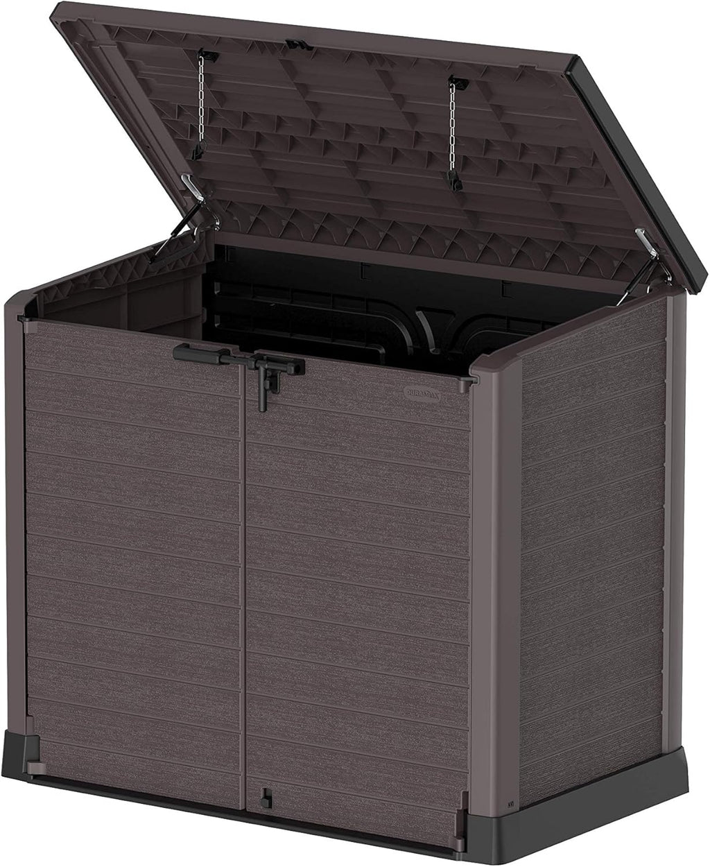 Duramax StoreAway 1200L Plastic Garden Shed/ Flat Lid, Outdoor Storage Shed, Wheelie Bin Hideaways, Wheelie bin box, Durable Construction, Ideal for Bikes, BBQs & 2x 240L Bins, 145x85x125 cm, Brown