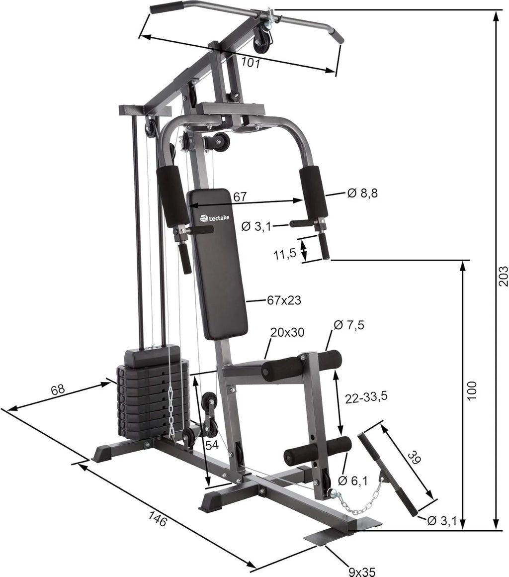 Tectake station musculation complète, cage traction, papillon, jambes, maison