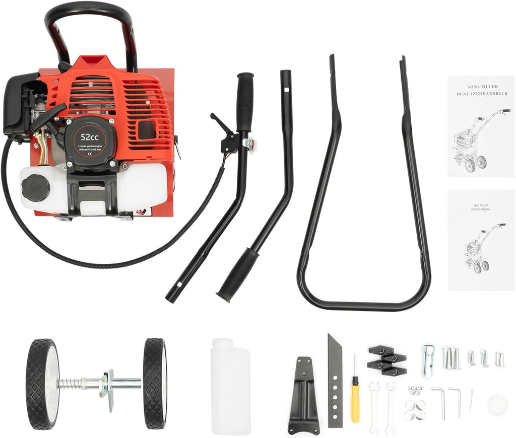 Motoculteur à Essence 52 CC 2 Temps 1,9 KW Motobineuse à Essence, motoculteur cultivateur avec Moteur monocylindre refroidi par air, motoculteurs pour Jardins, motobineuse Thermique