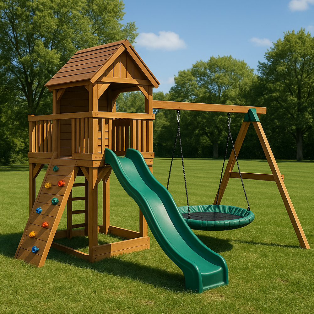 Aire de jeux enfant bois avec toboggan vert/balançoire