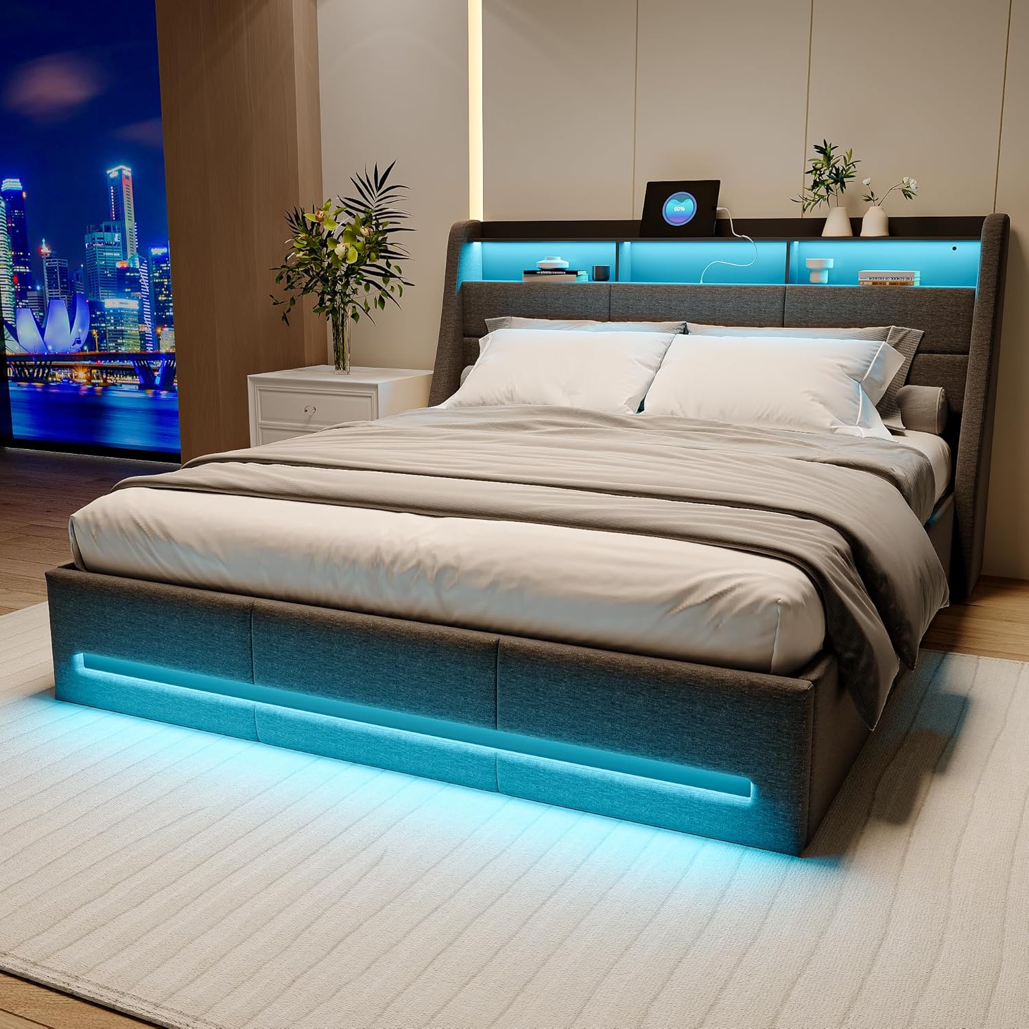 LIVLUX Lit Coffre 140x190 avec sommier LED et USB,Lit Double rembourré avec Rangement hydraulique,lit 2 Personnes pour Adultes et Adolescents,Lin Gris Clair, 140 x 190 cm