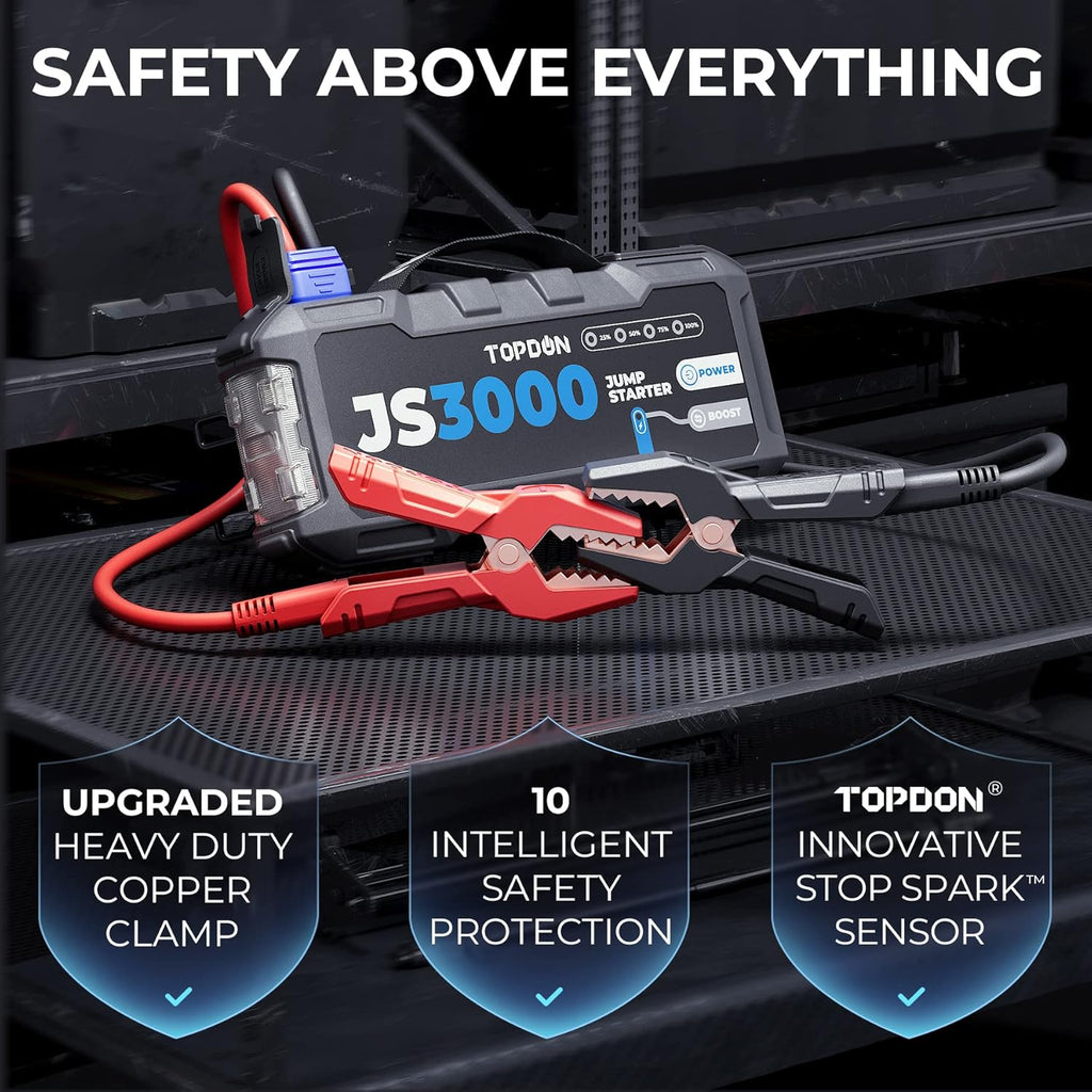 TOPDON Booster Batterie, JS3000 Demarreur Batterie Voiture 3000A/24000mAh Jump Starter Moteurs Diesel Jusqu'à 9 L et 7 L, Charge Rapide USB Lampe Poche LED intégrée