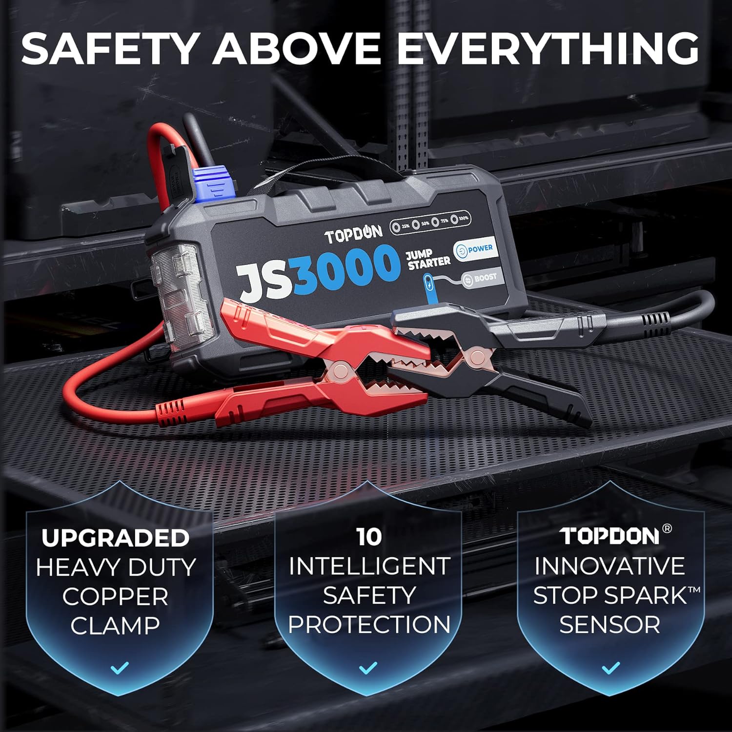 TOPDON Booster Batterie, JS3000 Demarreur Batterie Voiture 3000A/24000mAh Jump Starter Moteurs Diesel Jusqu'à 9 L et 7 L, Charge Rapide USB Lampe Poche LED intégrée