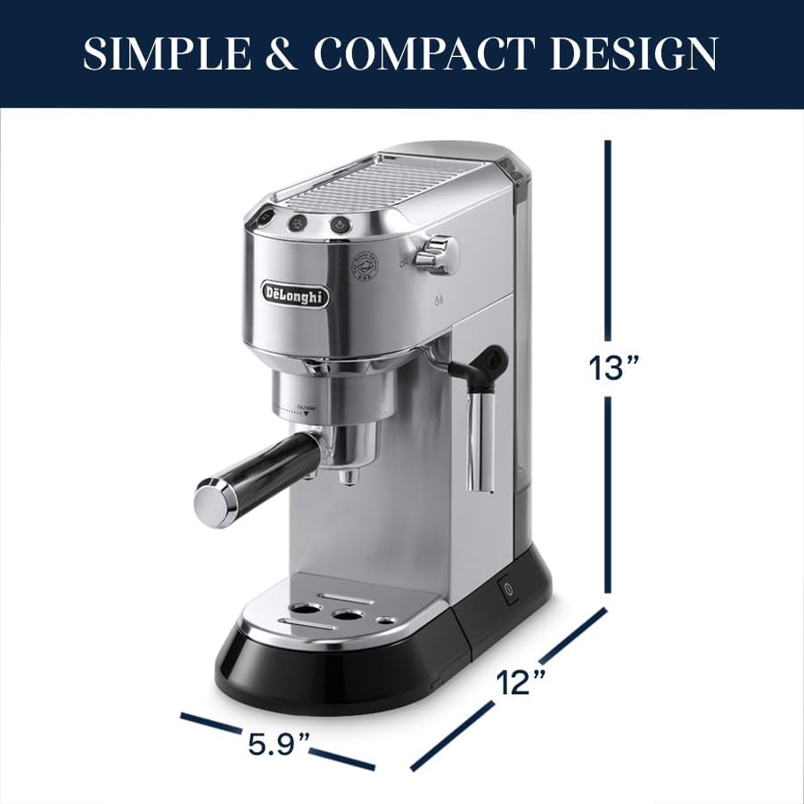 De'Longhi Dedica Espresso Machine, Coffee and Cappucino Maker with Milk Frother, Metal / Stainless, Compact Design 6 in Wide, Fit Mug Up to 5 in, EC680M