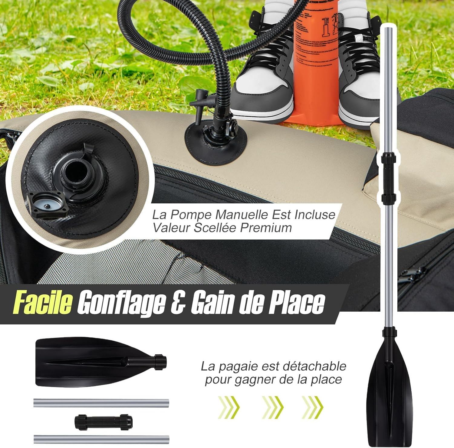 GYMAX Bateau Pêche Gonflable Portable, avec Pagaie, Règle à Poisson, Porte-Canne, Palmes, Pompe, Poches de Rangement, Tansport Pratique avec Bandoulières