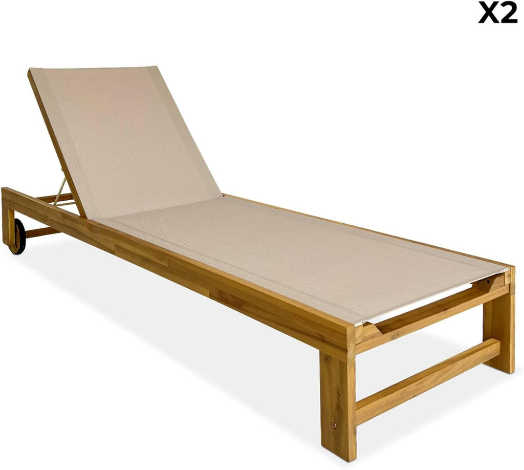 sweeek - Lot de 2 Bains de Soleil en Bois d'acacia et textilène Beige. Multi Positions avec roulettes