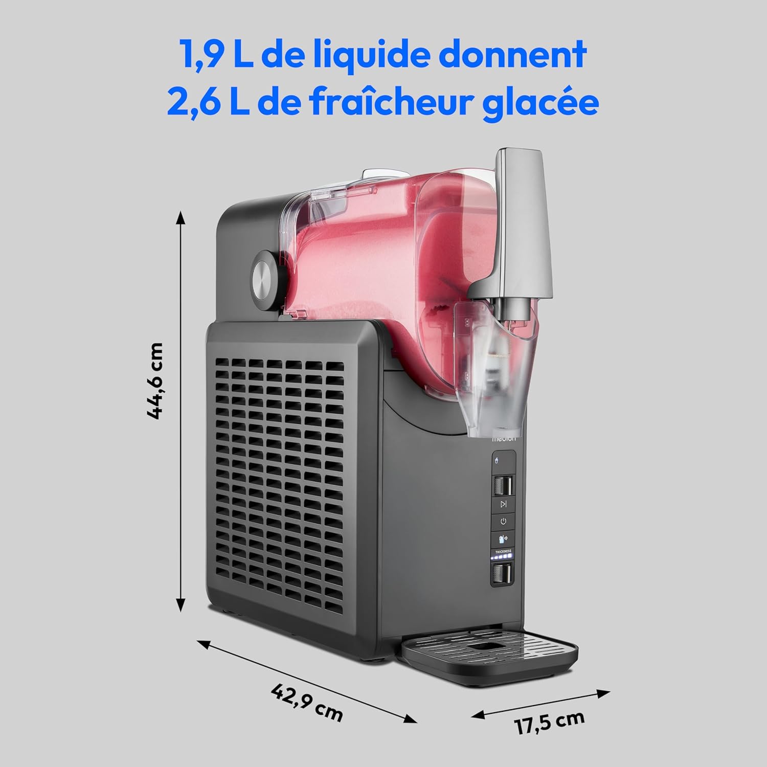 MEDION Machine à granité (boissons glacées, capacité 2,6L, réservoir 1,9L, slush machine pour boissons, 5 modes de boisson, machine a glace, préparation en 30–60min, compresseur, MD12090)