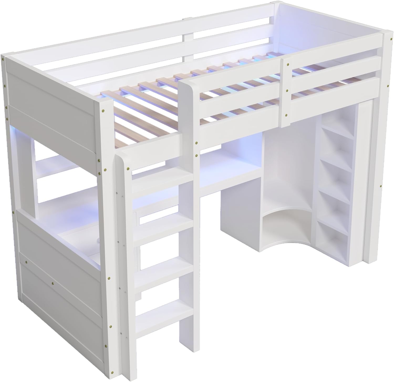 Lit Mezzanine 90x200 cm, Lit Superposé Enfant et Adulte avec Bureau, Lumières LED, Armoire, Échelle, 4 Tiroirs et Rangements, Blanc et Bois lit Mezzanine (90x200 cm)