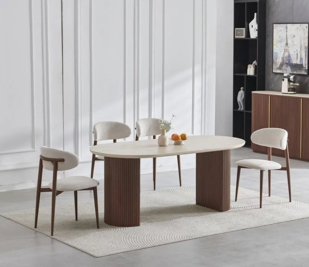 Table à manger CALYPSO – Noyer & céramique effet travertin – 180 cm