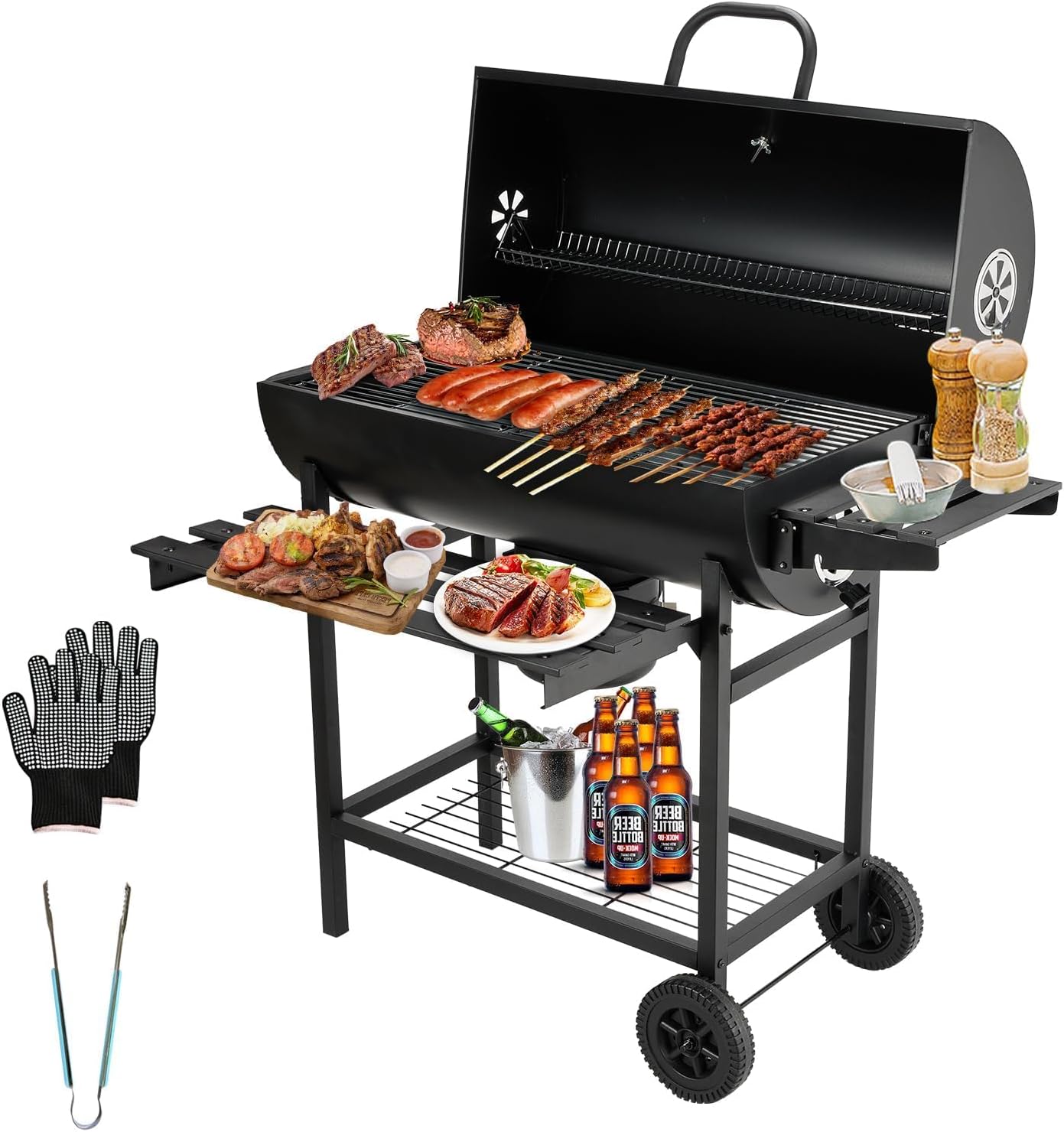 TEENO Barbecue Charbon de Bois,avec Grille de Cuisson XXL,Gants Anti-BrûLures, ThermomèTre,Tiroir à Cendres, éVent RéGlable,Grand Barbecue au Charbon de Bois (Basic)
