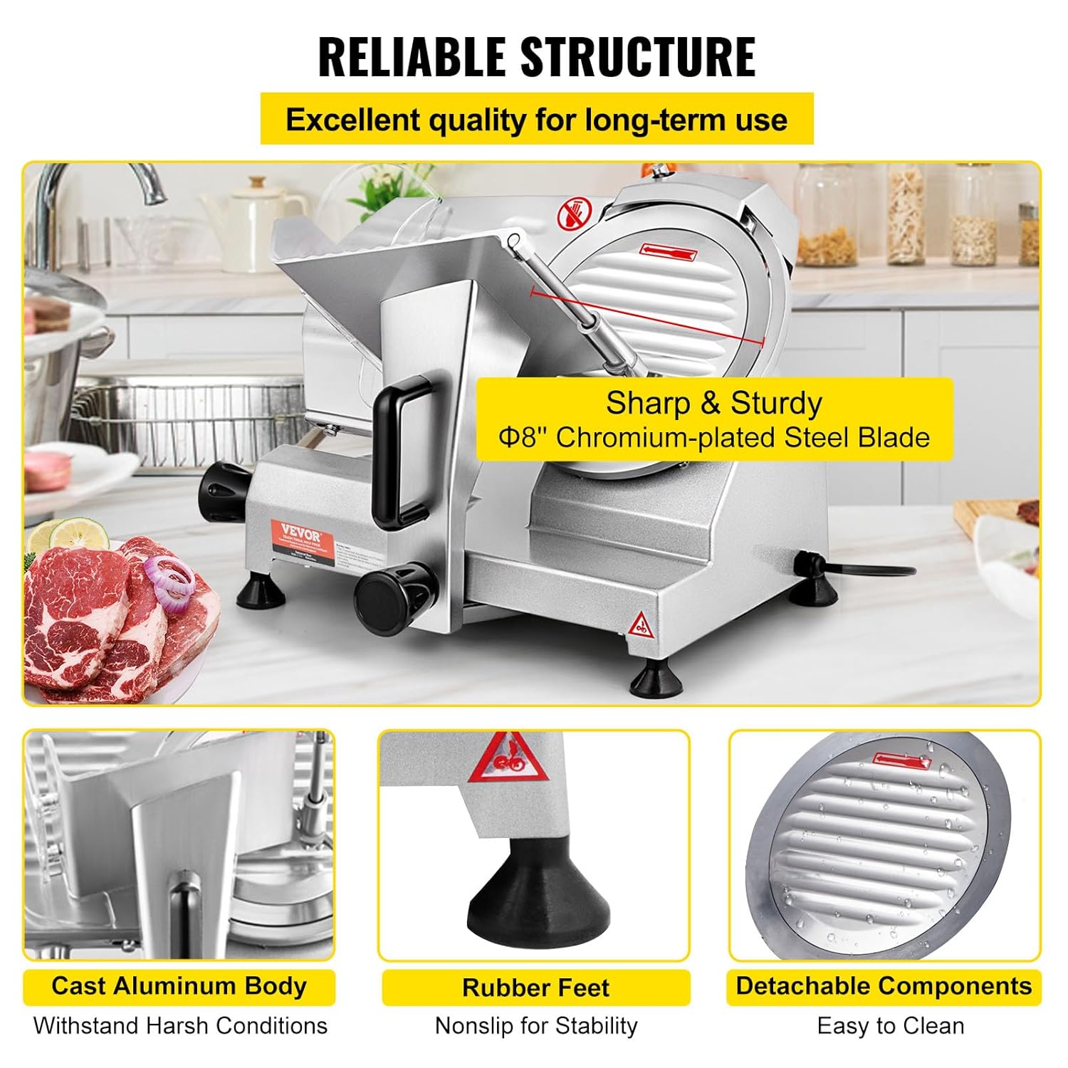 VEVOR Trancheuse Électrique Commerciale 200 W Trancheuse à Jambon Lame 203 mm 350-400 tr/min Trancheuse Charcuterie en Acier Inoxydable et Alu pour Couper en Tranches Viande Fromage Légumes Fruits