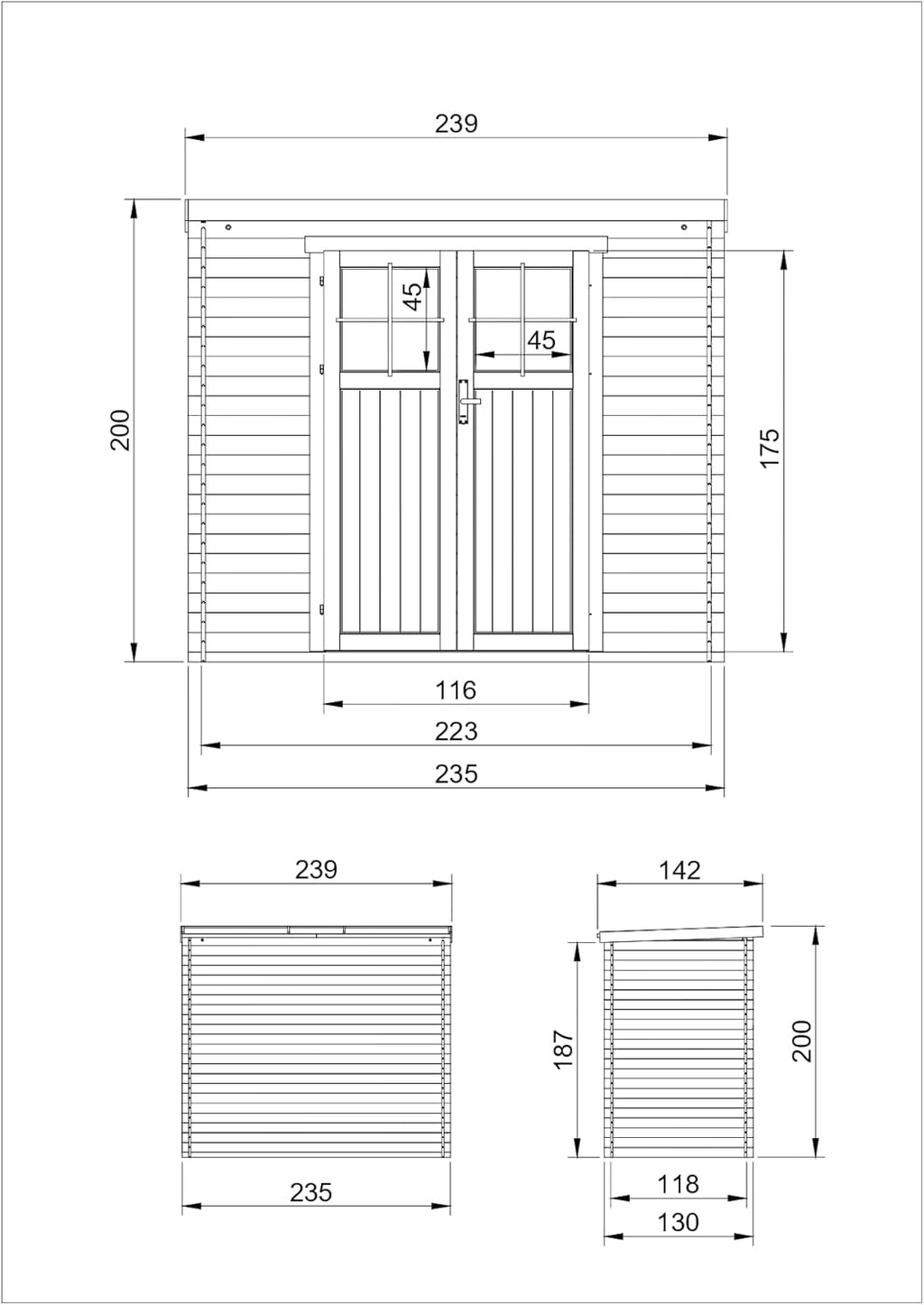 TIMBELA M310F+M310G Abri de Jardin en Bois avec Sol TRAITÉ - Porte verrouillable de Haute qualité- Stockage extérieur l239xL144xH200cm/2.63 m2 - Petit abri à Outils, Local à vélos - Toit imperméable
