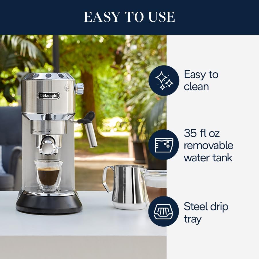 De'Longhi Dedica Espresso Machine, Coffee and Cappucino Maker with Milk Frother, Metal / Stainless, Compact Design 6 in Wide, Fit Mug Up to 5 in, EC680M