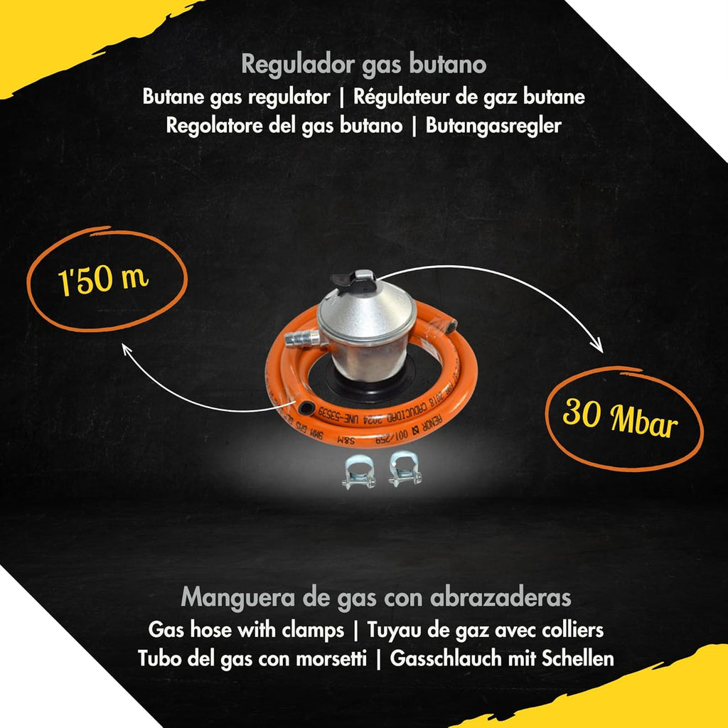 COMBOI - Kit paella, Brûleur à Gaz Butane de 50 cm, Poêles à paella de 60 cm et 42 cm, Régulateur de Gaz, Tuyau, Trépied Renforcé, Tablier et Recettes.