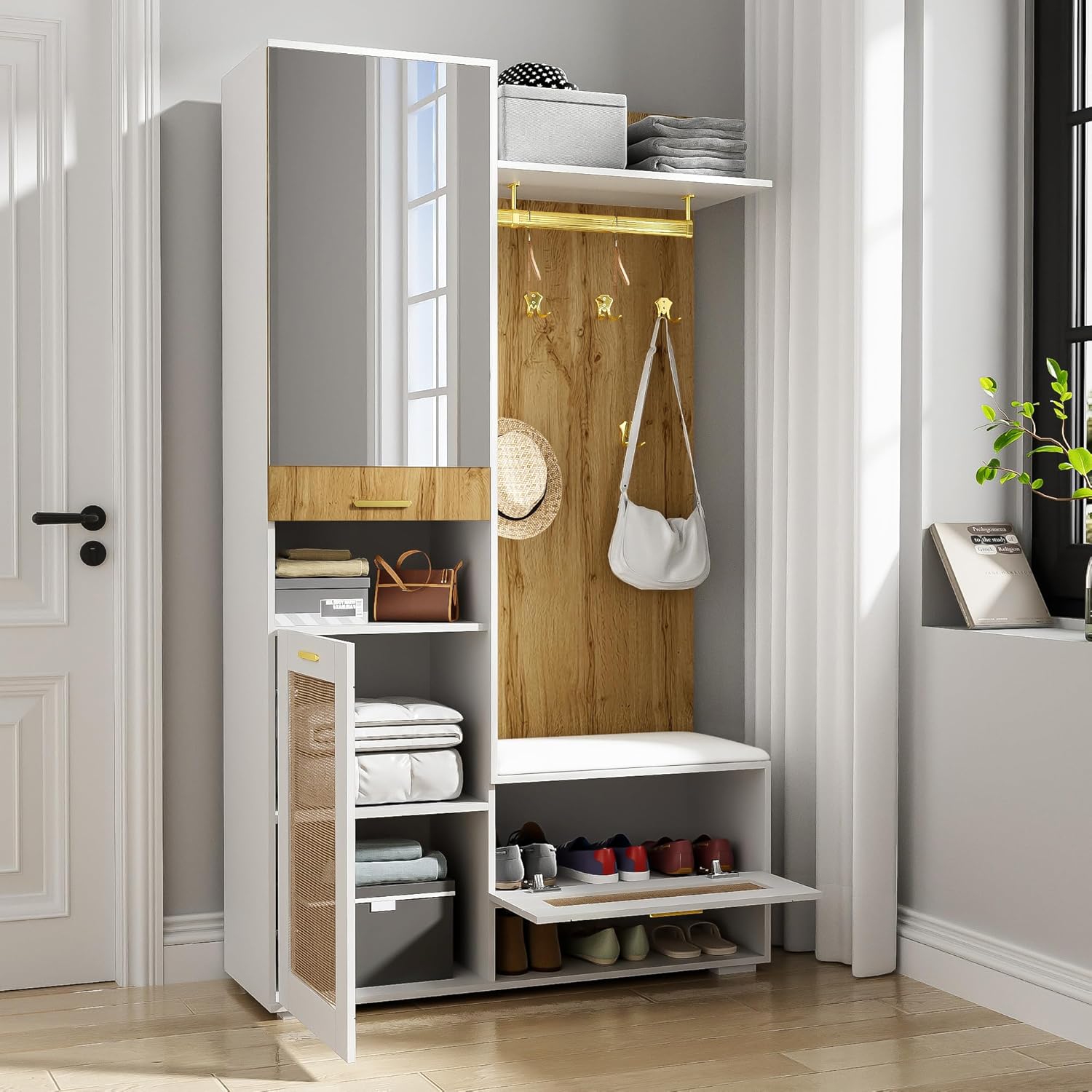 Meuble armoire pratique avec miroir pleine longueur,rangement chaussures avec assise basse,crochets suspendus en métal doré,étagères latérales ouvertes,vertical pour entrée claire Bois+Blanc