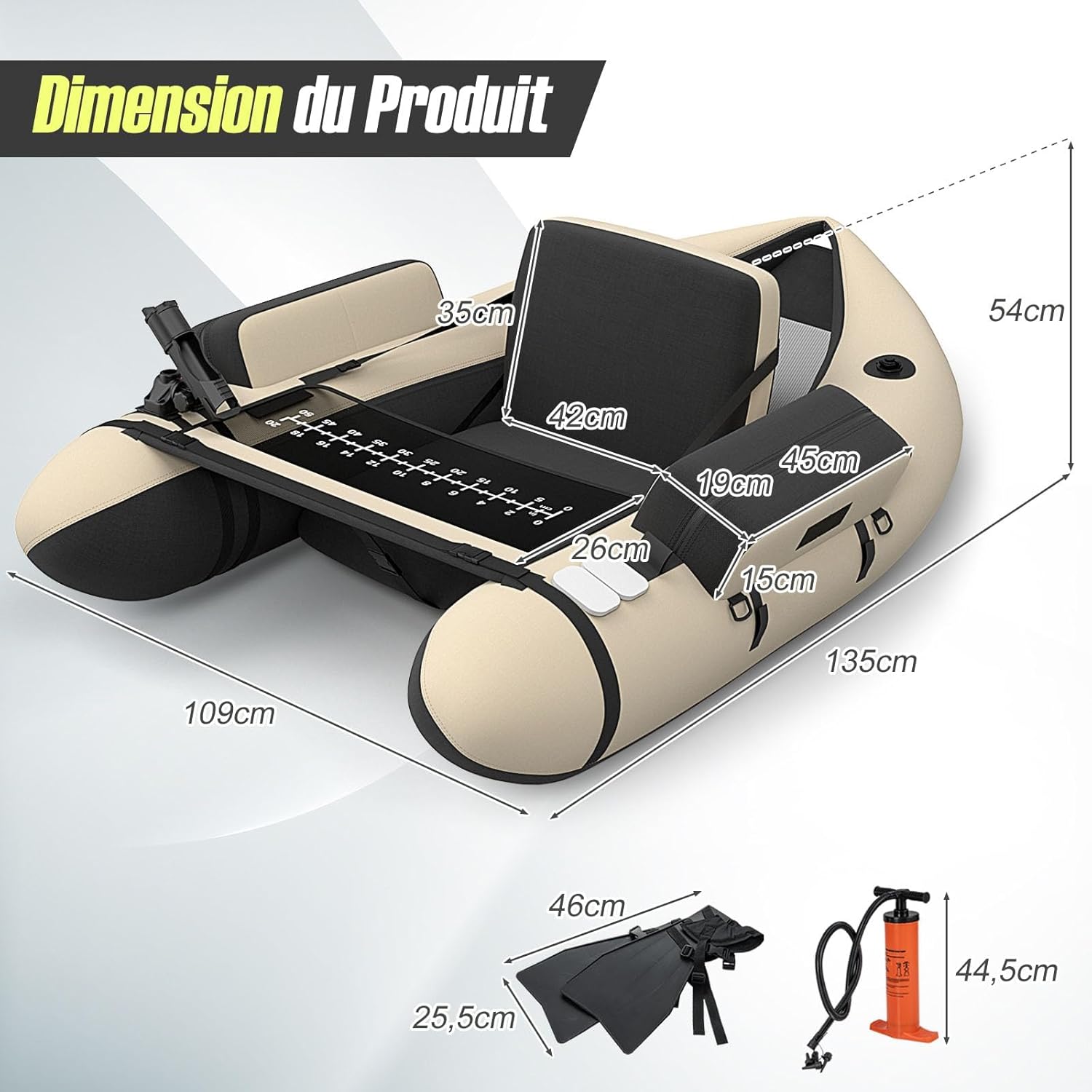 GYMAX Bateau Pêche Gonflable Portable, avec Pagaie, Règle à Poisson, Porte-Canne, Palmes, Pompe, Poches de Rangement, Tansport Pratique avec Bandoulières