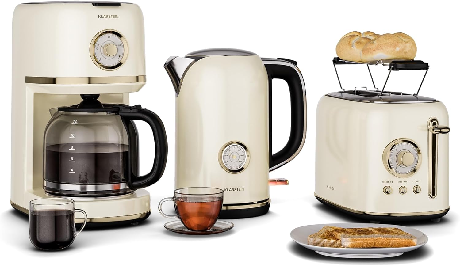 Klarstein Victoria Set Petit-Déjeuner Complet – Grille-Pain 2 Fentes 7 Niveaux, Bouilloire Électrique 1,7L, Cafetière Filtre 12 Tasses, Design Rétro, Support à Petits Pains, Cream