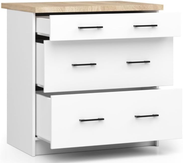 BDW Armoire de Cuisine OLIWIA S80 - Meuble Cuisine - Buffet - Panneau Stratifié 16 mm - Placage ABS - Design Moderne - Durable et Résistant à l'usure - Facile à Assembler - 3 Tiroirs - 80 cm - Blanc