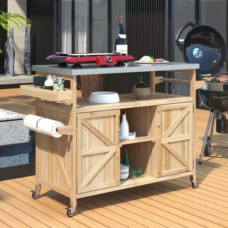 Okak Outdoor Kitchen Island with Stainless Steel Top, Wooden Kitchen Cart with Doors, Shelves and Spice Rack, Rolling Kitchen Island