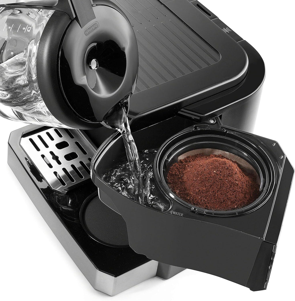 De'Longhi All-in-One Combination Coffee Maker & Espresso Machine + Advanced Adjustable Milk Frother for Cappuccino & Latte + Glass Coffee Pot 10-Cup, Black, COM532M