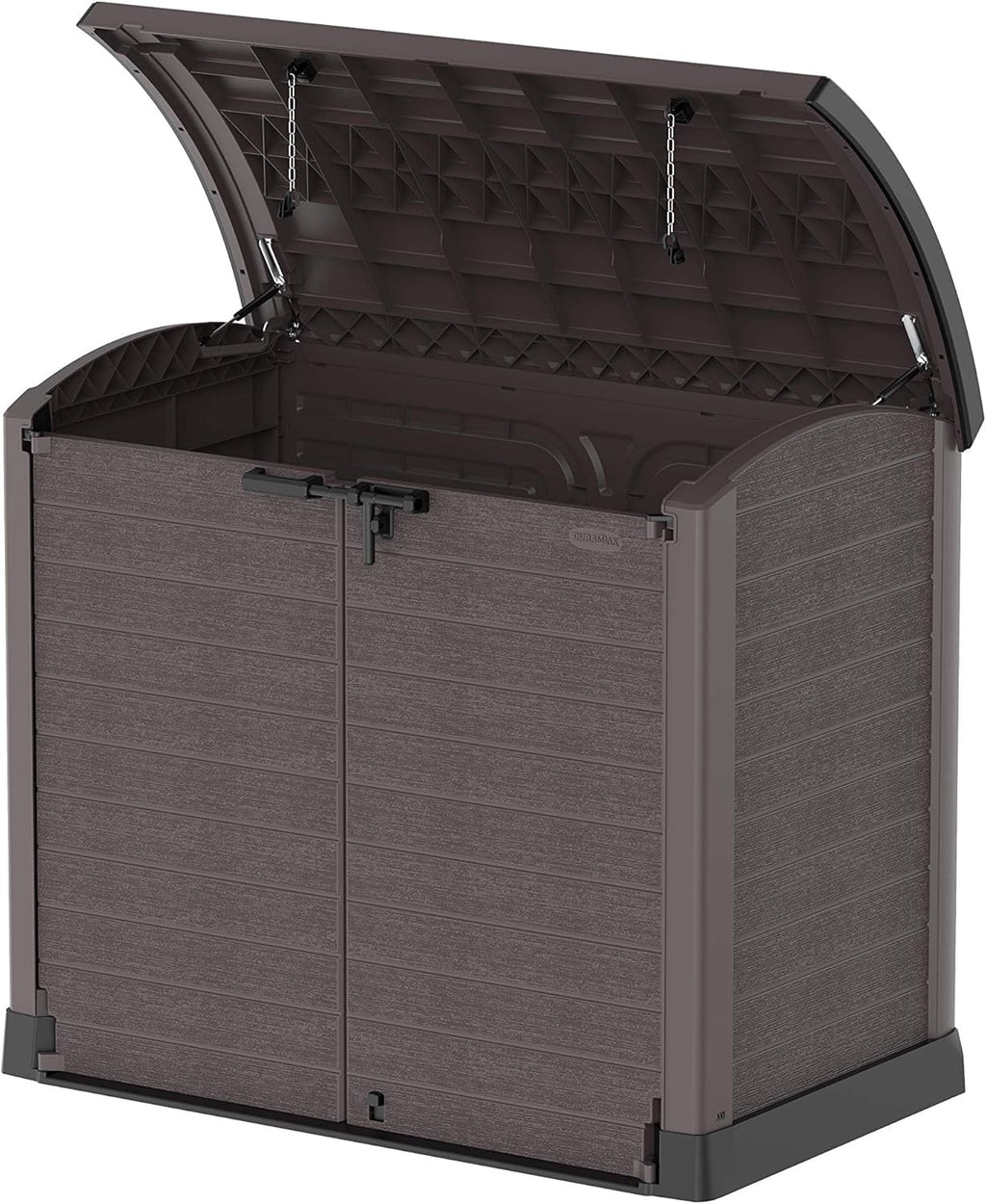 Duramax StoreAway 1200L Plastic Garden Shed/ Flat Lid, Outdoor Storage Shed, Wheelie Bin Hideaways, Wheelie bin box, Durable Construction, Ideal for Bikes, BBQs & 2x 240L Bins, 145x85x125 cm, Brown