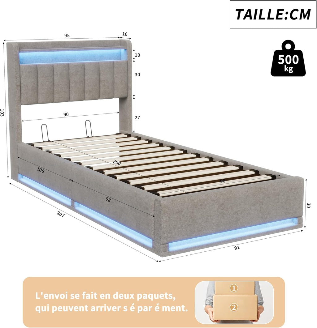 Lit Coffre 90x200 cm avec LED et Ports USB,Tête de Lits avec Rangement,Lit Double avec Sommier à Lattes, Facile à Assembler,pour Adultes et Adolescents,Velours (Gris, 90x200 cm)