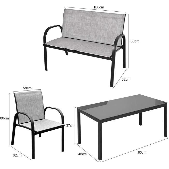 COSTWAY Ensemble Salon de Jardin 4 Places, 2 Fauteuils, 1 Canapé et 1 Table Basse en Verre, Tissu Respirant Anti-UV, Noir