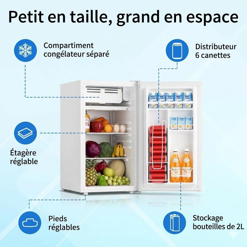 Mini réfrigérateur 90,8 L avec congélateur à porte simple, thermostat à 7 réglages. Économe en énergie et silencieux, modèle compact idéal for bureau, chambre et dortoir, couleur blanche